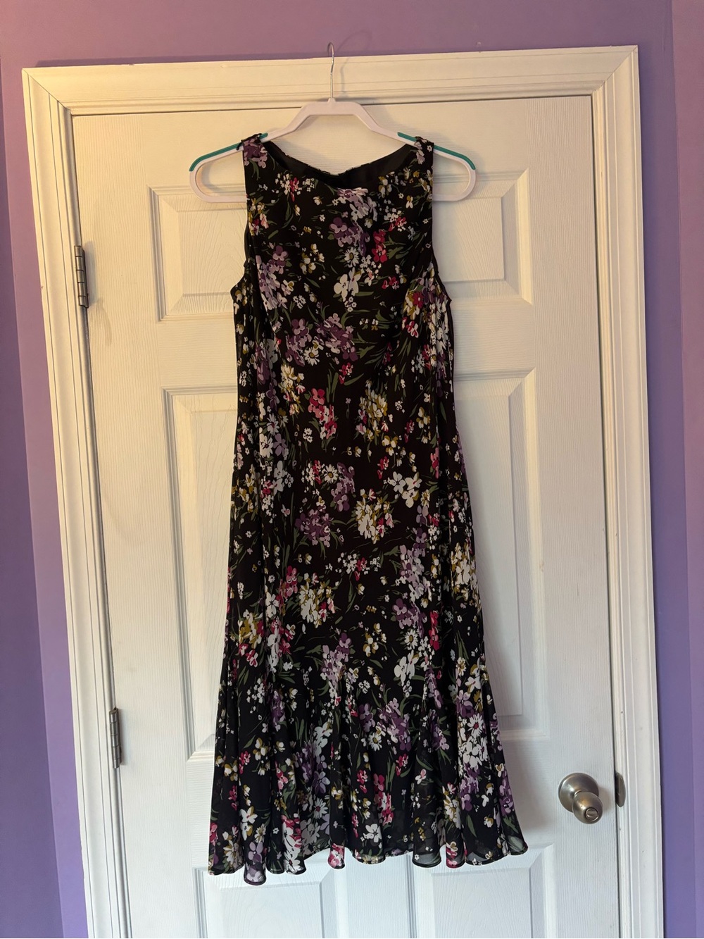 Chaps Black Floral Maxi Dress with Pink & Purple Accents